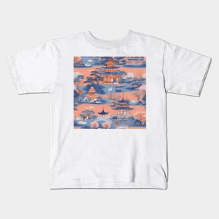 Orange and blue chinoiserie pattern Kids T-Shirt